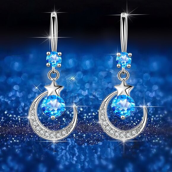 “Lunar Glow” Blue Crystal Moon & Star Drop Earrings - Picture 4 of 6